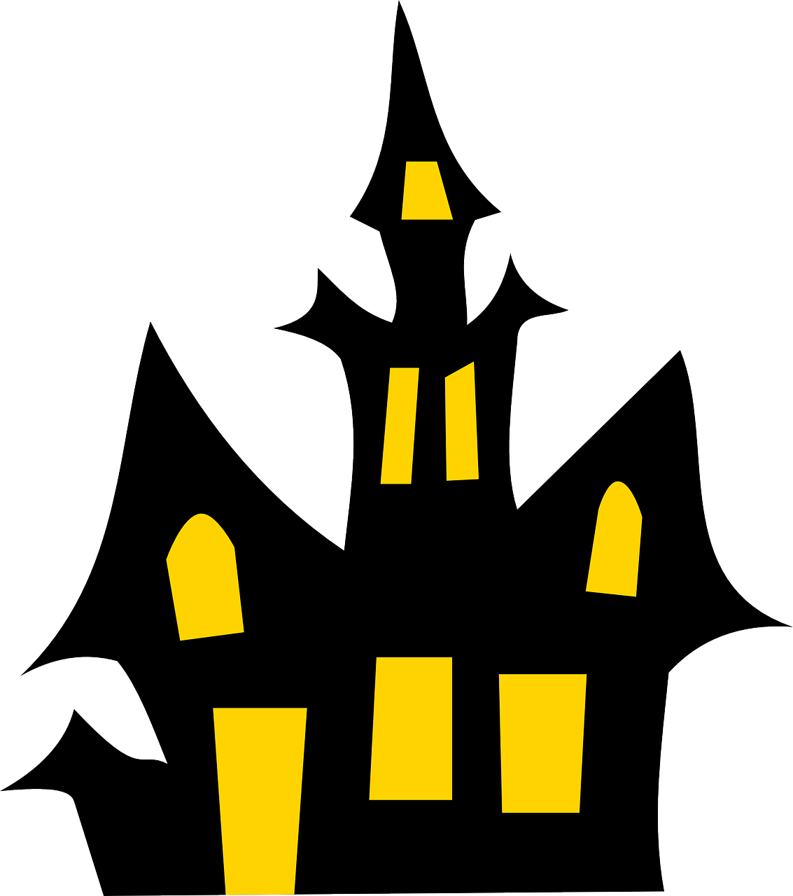 a black and yellow house on a white background, a cartoon, pixabay, folk art, spooky halloween night, castle core, gooey, metallic
