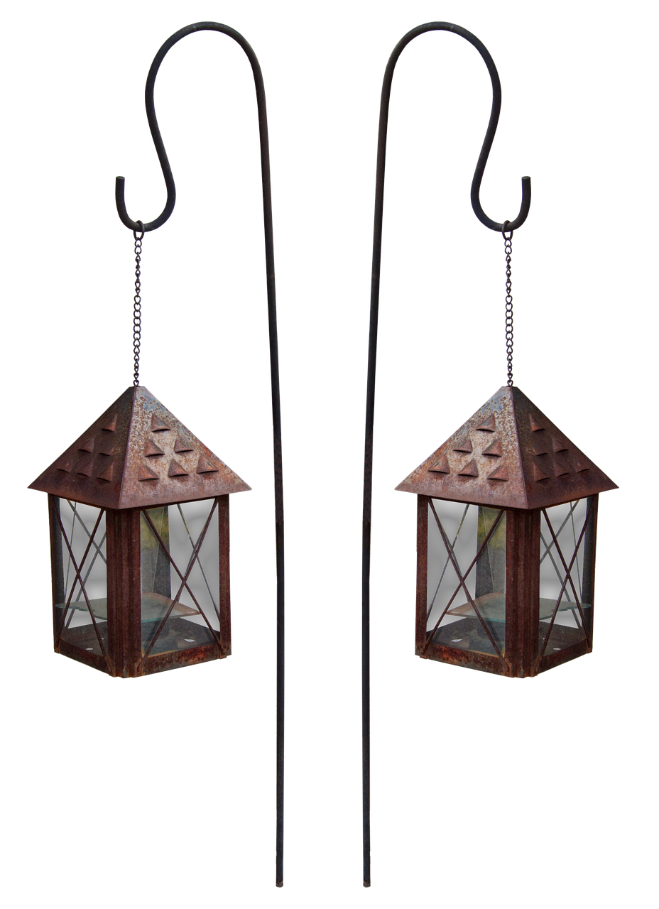 a pair of lanterns hanging from a metal pole, a digital rendering, folk art, clear detailed view, 1/320, 1 5 th century, 2 point lighting