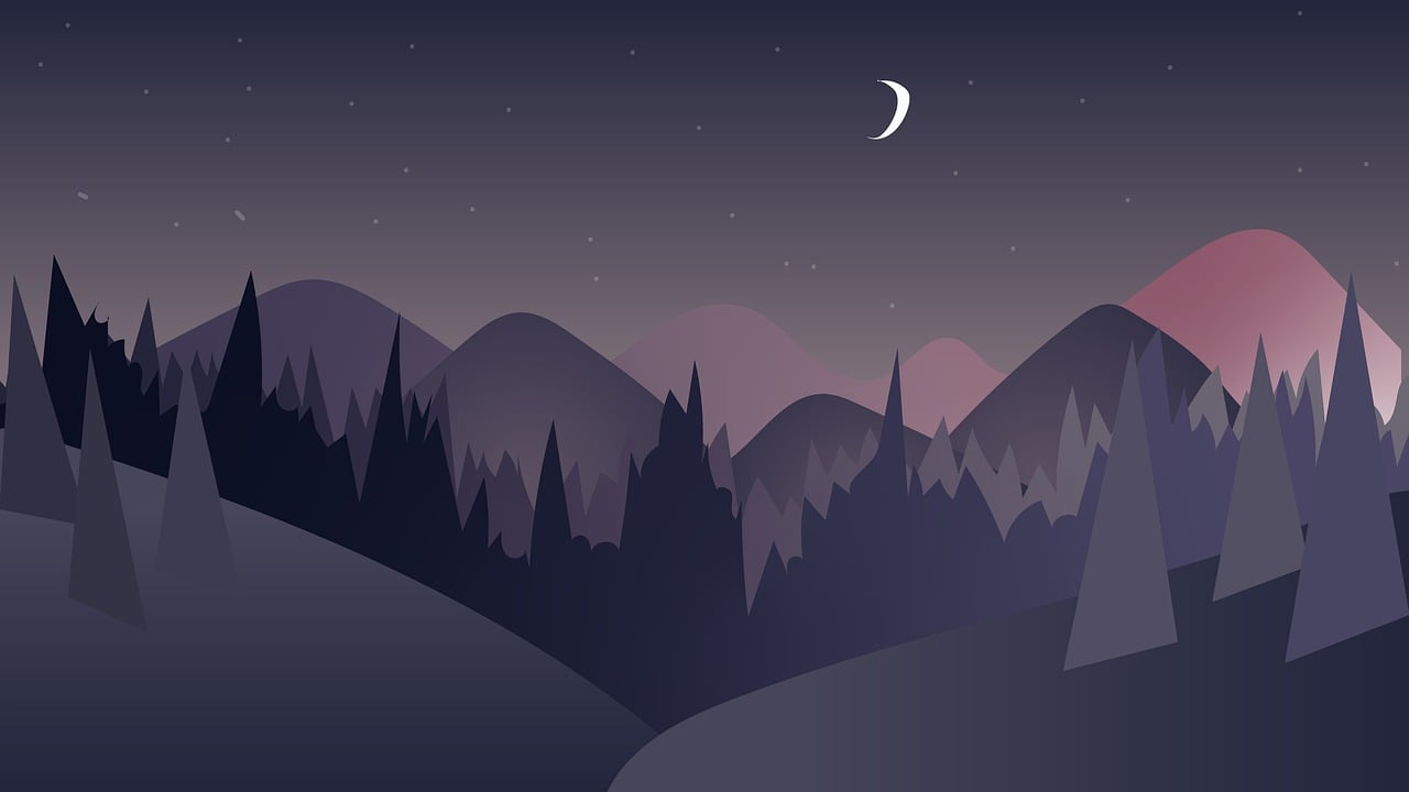 a mountain landscape at night with the moon in the sky, inspired by James Gilleard, shutterstock, grey forest background, gradient dark purple, on an empty moonlit hill, crescent moon in background