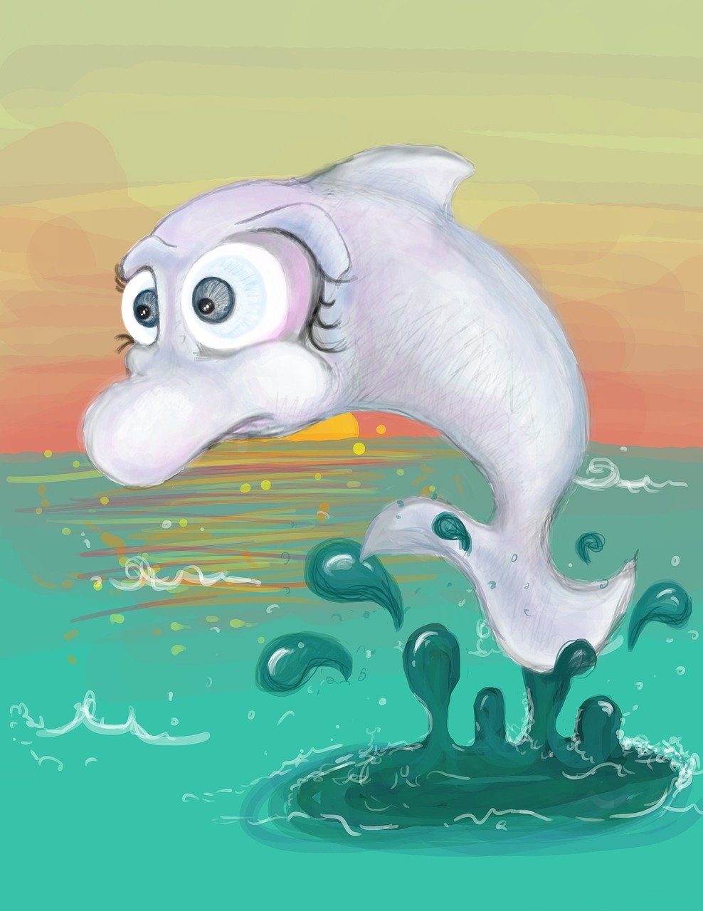 a drawing of a dolphin jumping out of the water, a digital painting, inspired by Farel Dalrymple, process art, weird silly thing with big eyes, blurred and dreamy illustration, no gradients, a silver haired mad