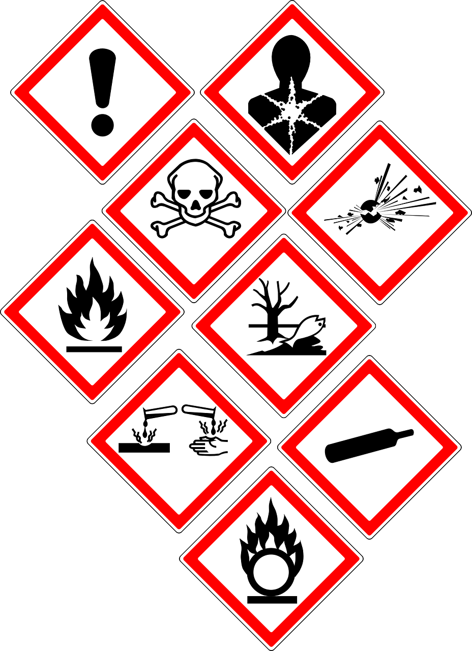 a set of hazard signs on a black background, by Miroslava Sviridova, pixabay, digital art, bio chemical illustration, sticker design vector art, black on white background, stock photo