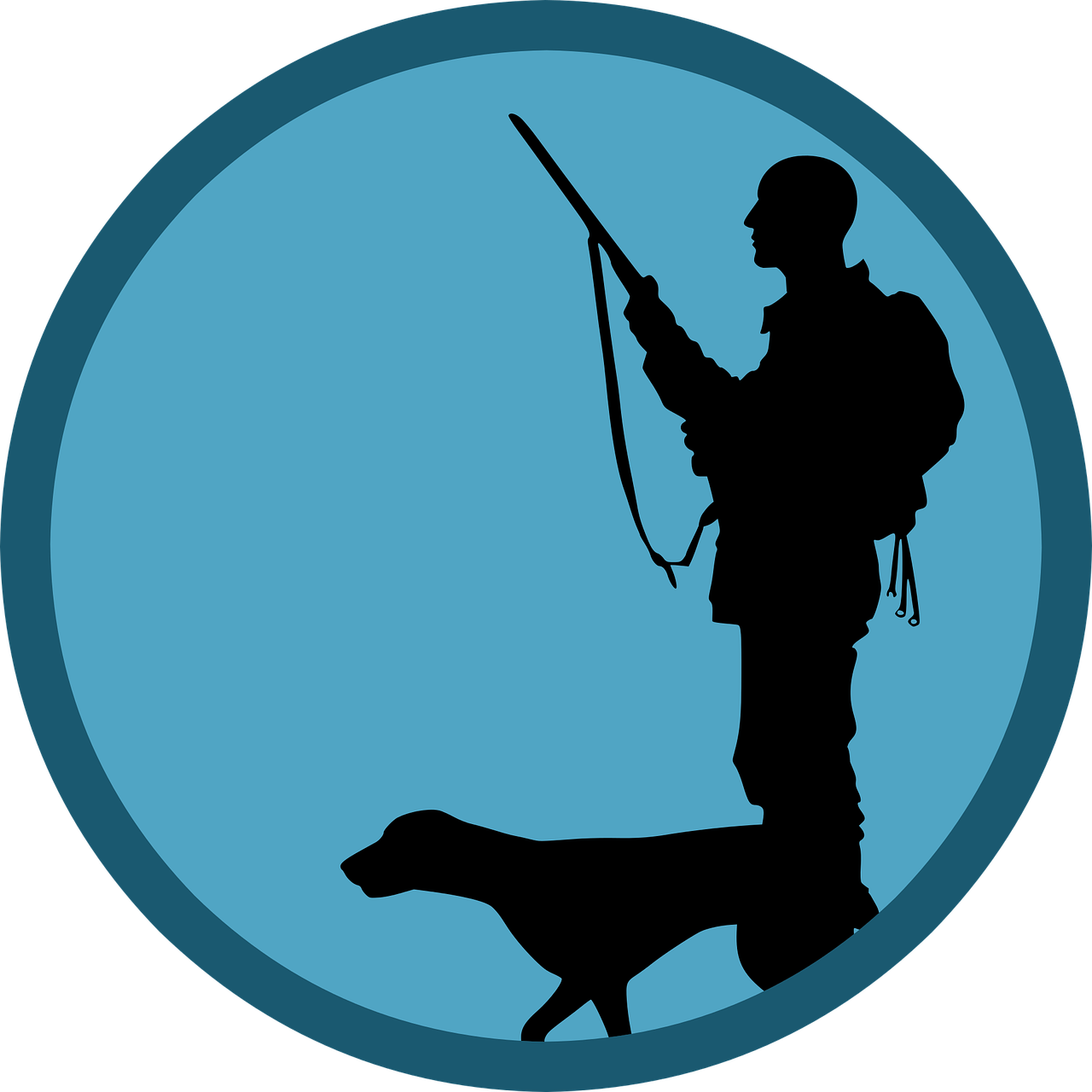a silhouette of a man with a gun and a dog, an illustration of, sots art, with a blue background, military soldier behavior, round logo, hunting
