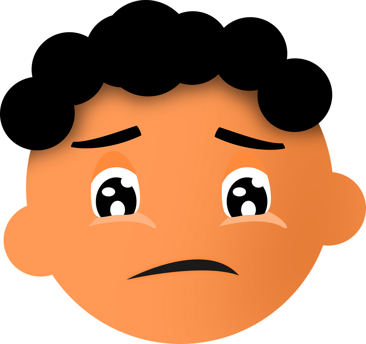 a cartoon boy with a sad look on his face, inspired by Leo Leuppi, pixabay, mingei, black hair and brown eyes, face!!!! close - up, emoji, face show no emotion