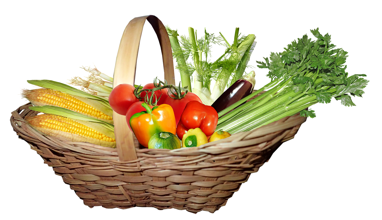 a basket filled with different types of vegetables, a digital rendering, pixabay, oprah okra winfrey sentient veg, stock photo, with a black background, corn