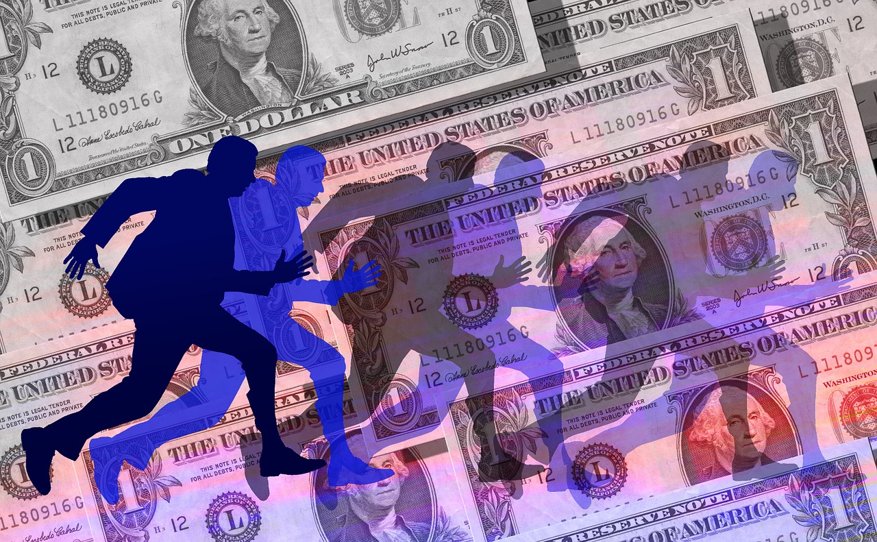 a silhouette of a man running across a pile of money, a digital rendering, women fighting men, crips details, enhanced photo, nfl