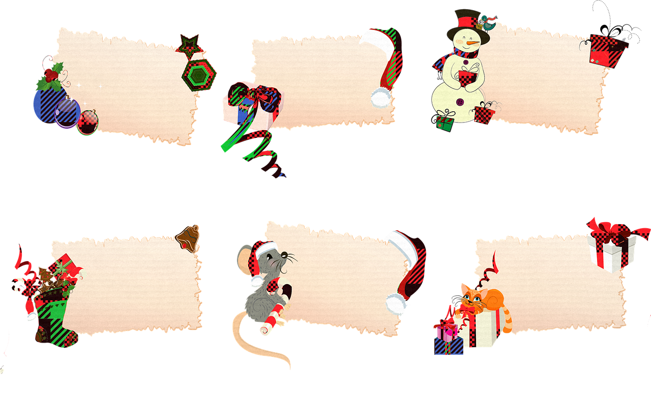 a set of four christmas cards with a mouse and a snowman, concept art, conceptual art, the background is black, colorful torn fabric, 8k!, patch design