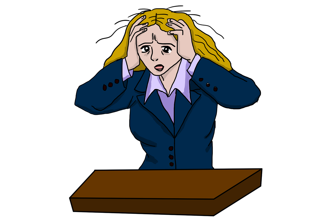 a woman sitting at a desk with her hands on her head, a cartoon, by Hugh Hughes, pixabay, digital art, on black background, courtroom scene, disappointed, blonde