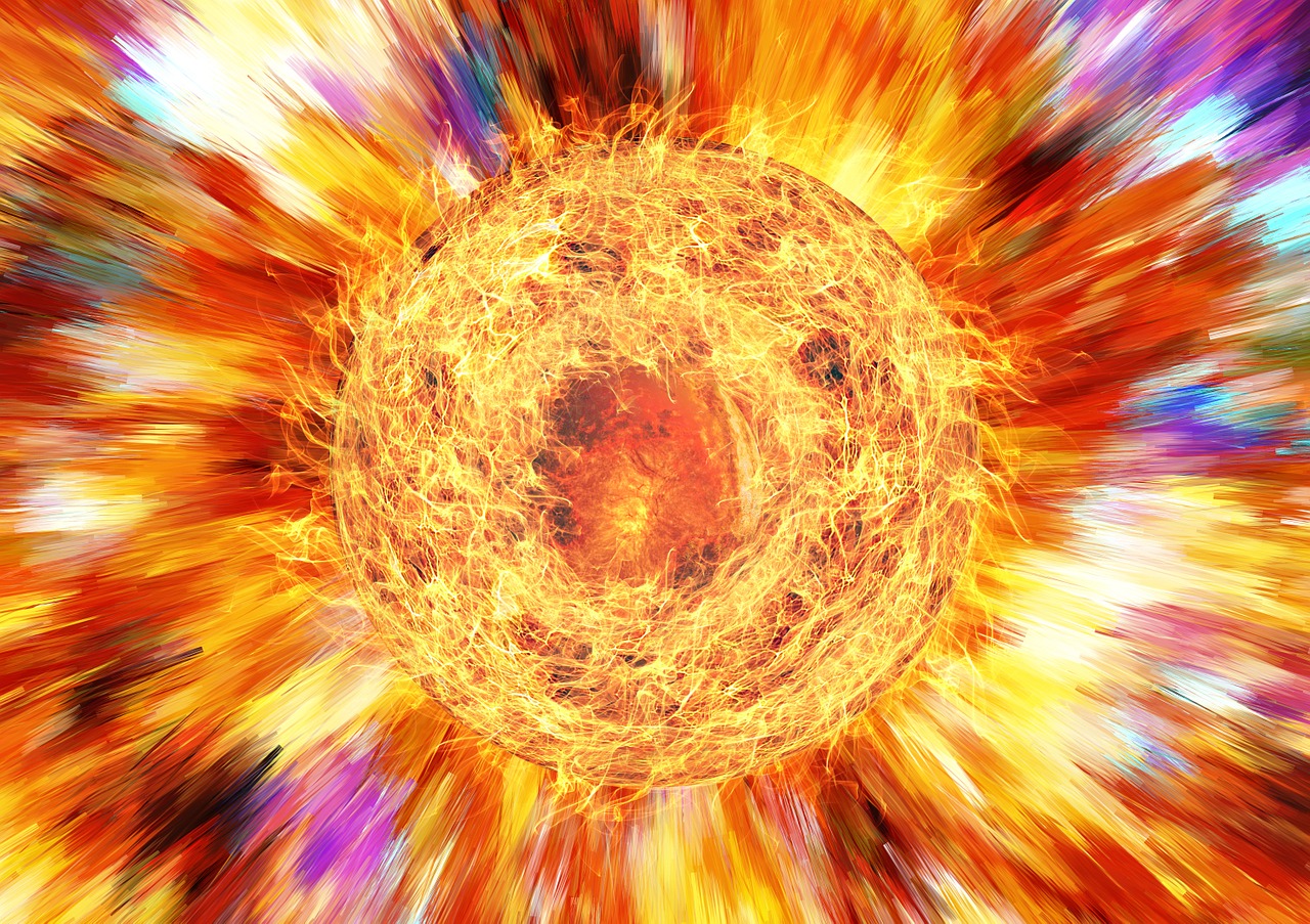 an abstract image of a sun in the sky, a digital rendering, fine art, fire and explosion, solar punk product photo, circular planet behind it, bottom shot