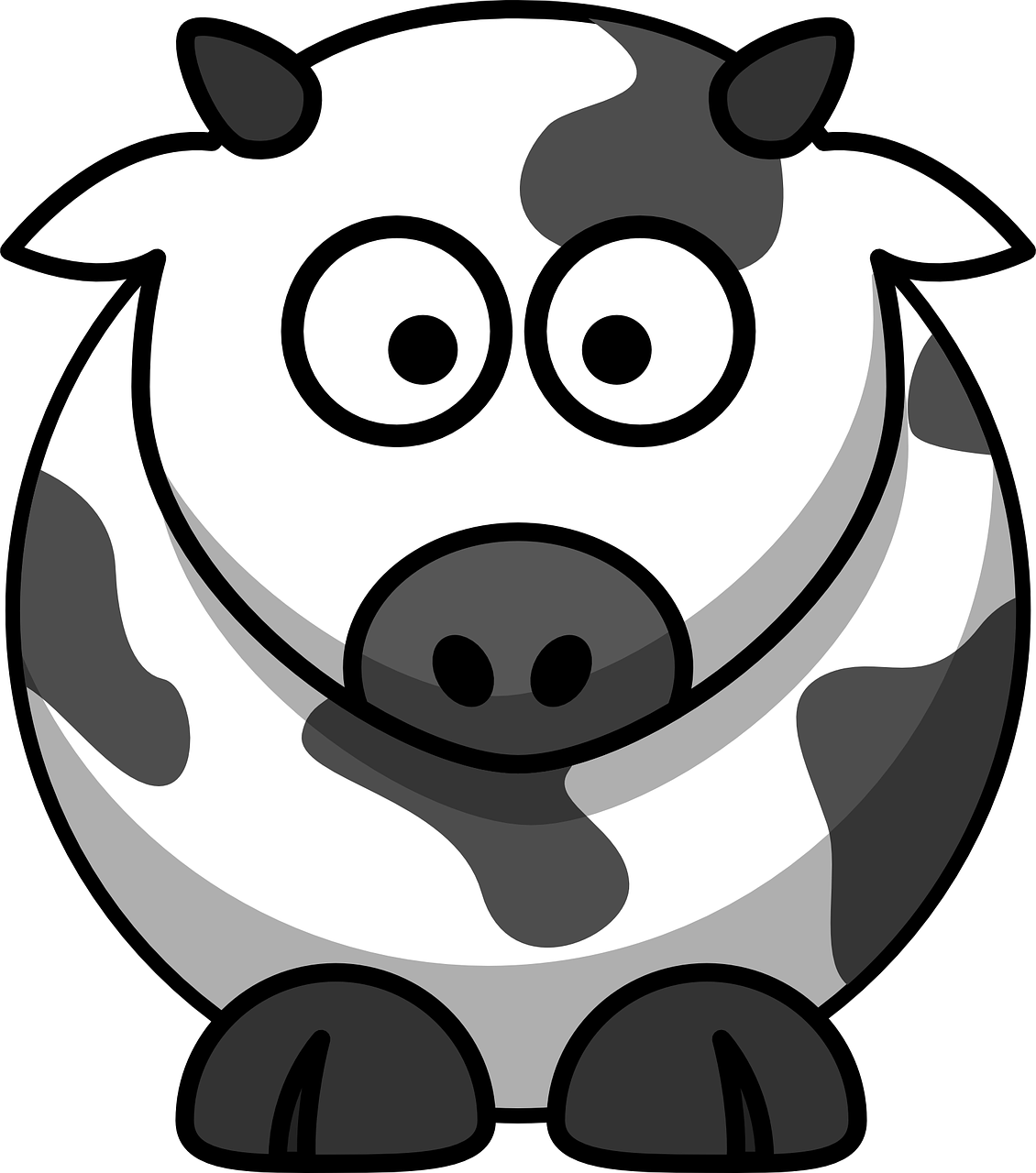 a black and white cow with big eyes, pixabay, digital art, amoled, big smile, round, sitting
