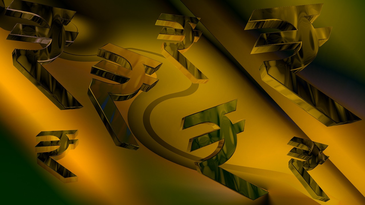 a close up of a currency sign on a green and yellow background, a digital rendering, by Saurabh Jethani, digital art, gold and red metal, shallow dof, three quater notes, vertical wallpaper