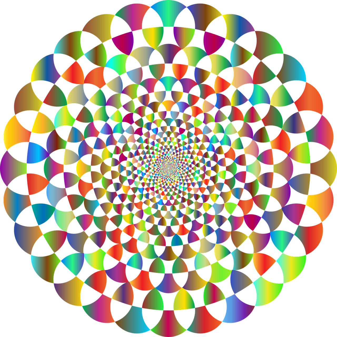 a multicolored circular design on a black background, a raytraced image, inspired by Benoit B. Mandelbrot, flickr, psychedelic art, tessellation, chromatic gradient, an optical illusion drawing, yantra