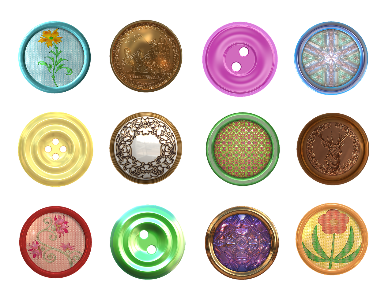 a bunch of different colored buttons on a black background, digital art, inspired by John Button, trending on polycount, the sims 4 texture, beeple and alphonse mucha, detailed clothes texture, marvelous designer