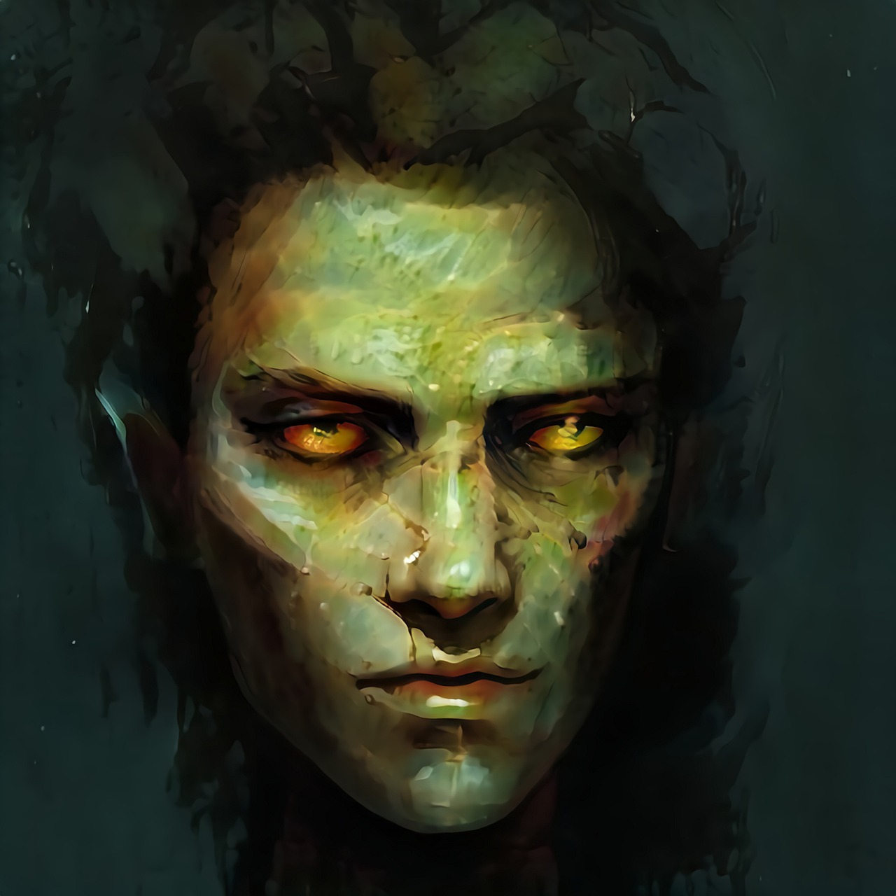 a digital painting of a man with yellow eyes, by Relja Penezic, deviantart contest winner, beautiful zombie, goblin female portrait, skin painted with green, unearthly art style