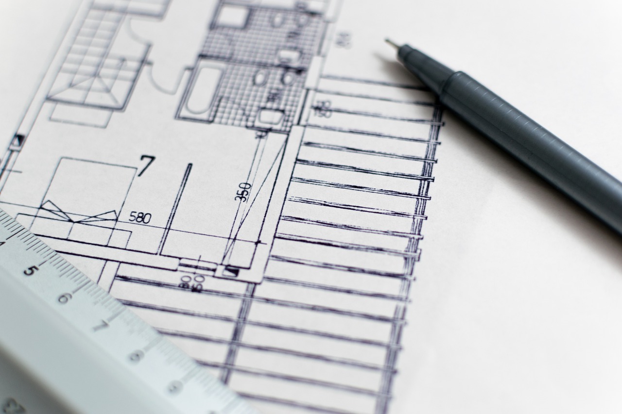 a pen sitting on top of a blueprint next to a ruler, a detailed drawing, building plans, consectetur adipiscing elit, looking towards camera, seen from below