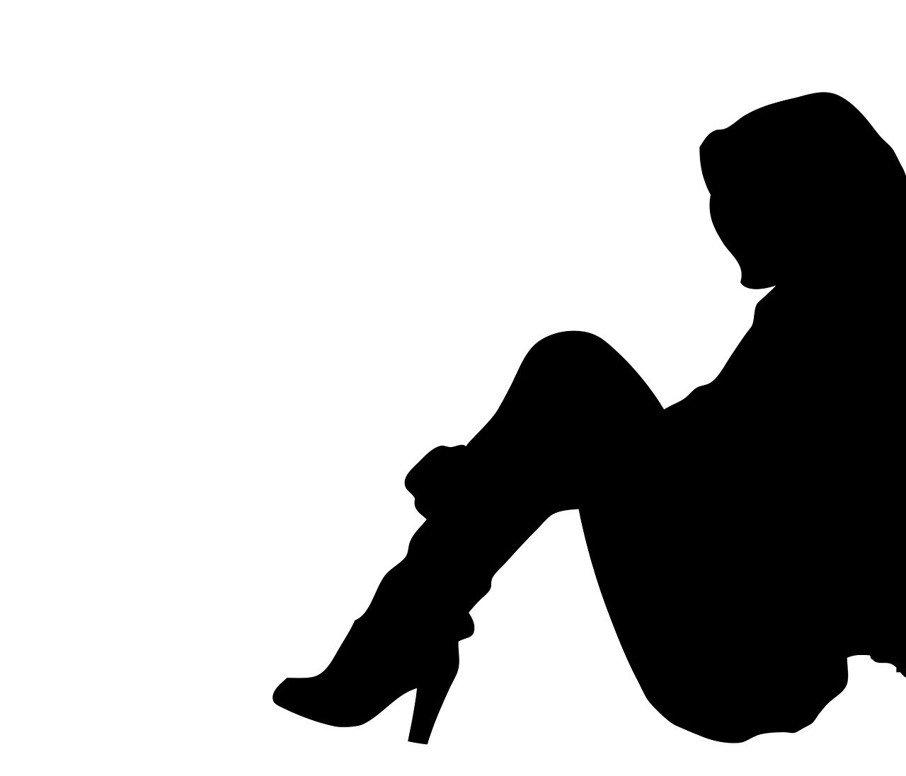 a silhouette of a woman sitting on the ground, a picture, trending on pixabay, minimalism, high heel boots, no gradients, shy looking down, white background : 3