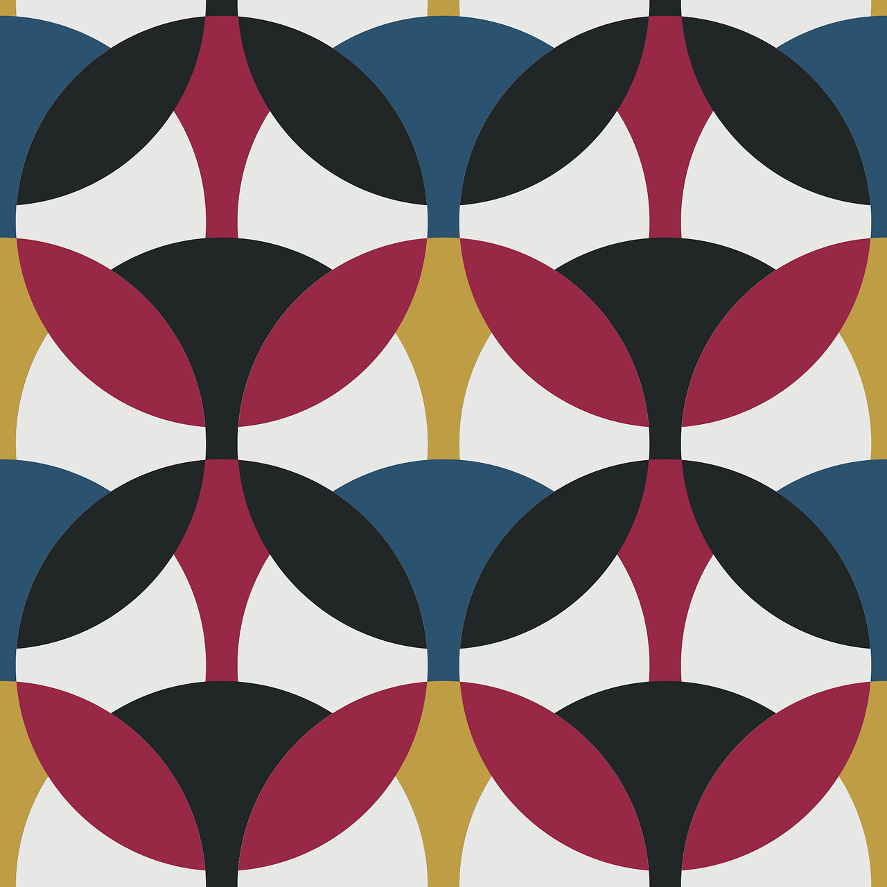 a pattern of black, red, yellow, and blue circles, inspired by Bauhaus, tumblr, oriental wallpaper, palette is black violet gray red, 9, lattice