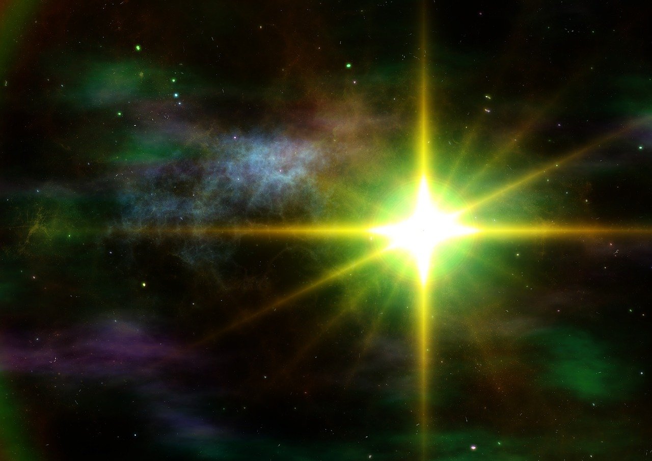 a bright star shines brightly in the night sky, digital art, by Wayne Reynolds, shutterstock, light and space, bright volumetric sunlight, distant nebula are glowing algae, a yellow sun shining down, lens flare photo real