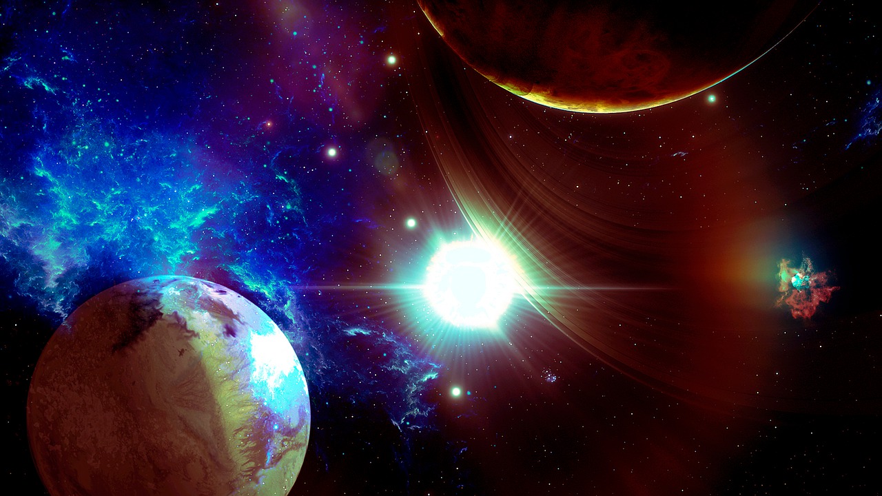 a couple of planets that are in the sky, a digital rendering, space art, collapsing stars and supernovae, bright neon solar flares, heaven planet in background, star - gate of futurisma