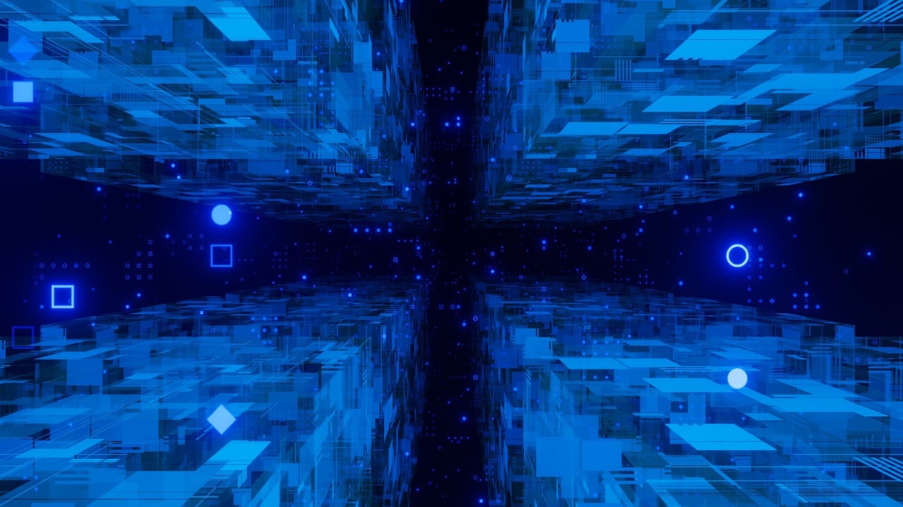 a dark room filled with lots of blue squares, digital art, in the field of inner hyperspace, geometric futuristic cityscape, infinite crystal ascent, galaxy raytracing