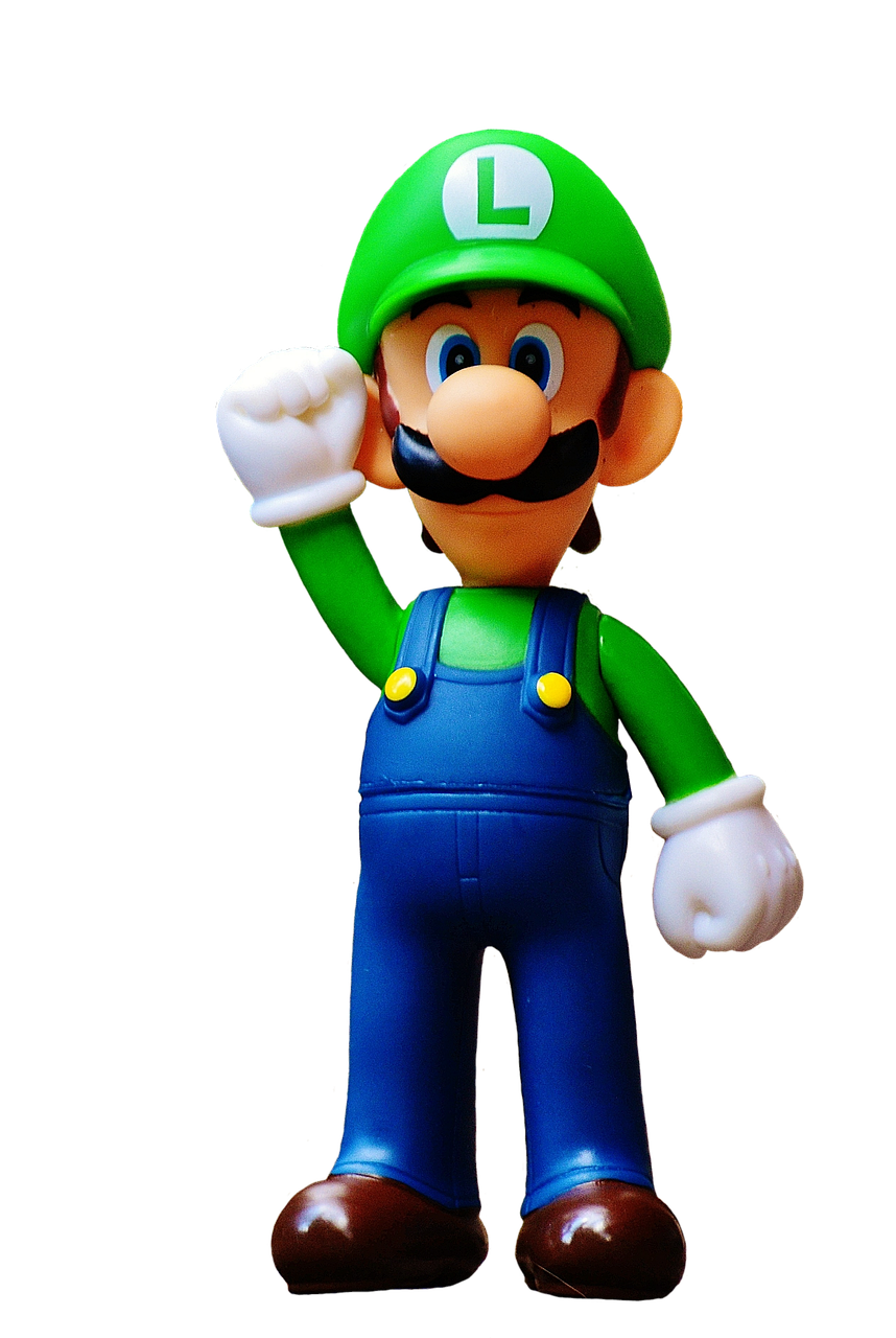 a close up of a figurine of a person wearing a green hat, a raytraced image, inspired by Luigi Kasimir, full body hero, standing with a black background, wearing plumber uniform, heroic!!!
