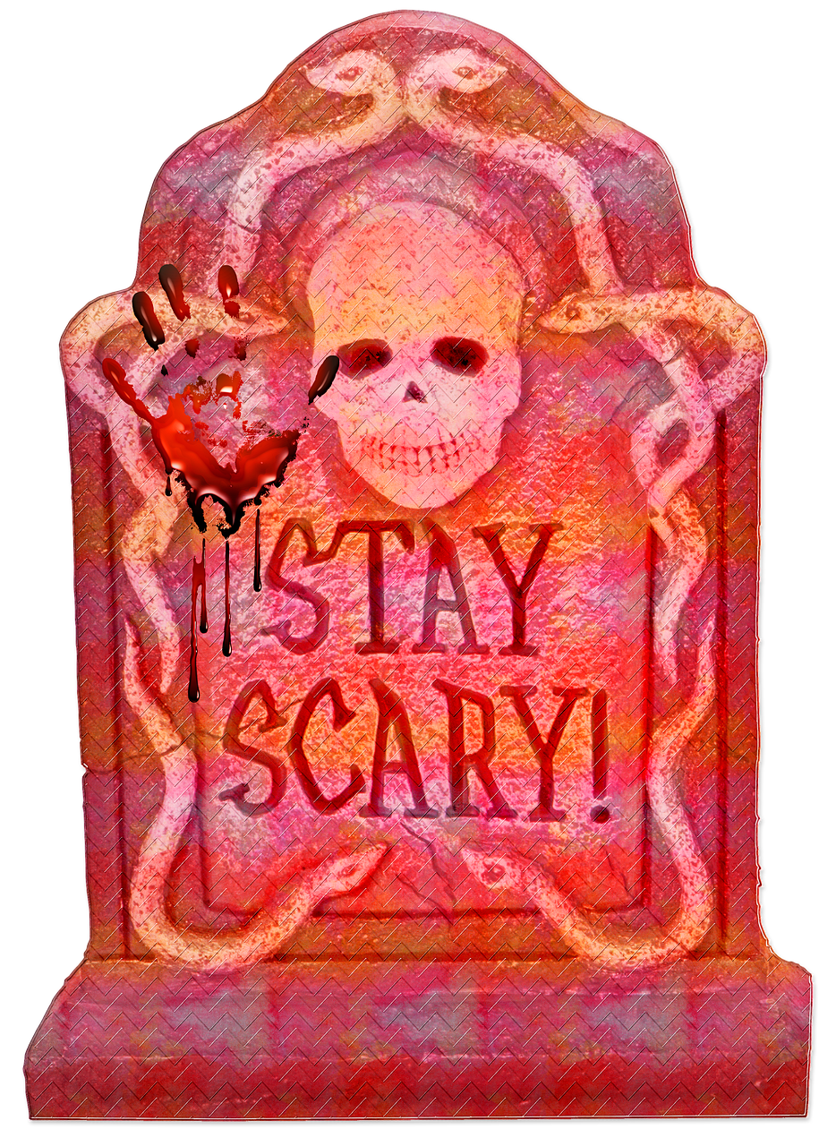 a close up of a tombstone with a skull on it, a digital rendering, graffiti, blood moon tentacles!!, spooky halloween fun, scaly, sign