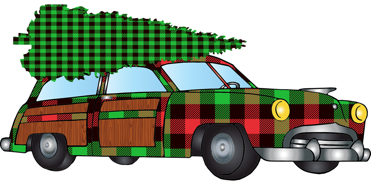 a car with a christmas tree on top of it, digital art, tartan garment, seventies era, wooden, register