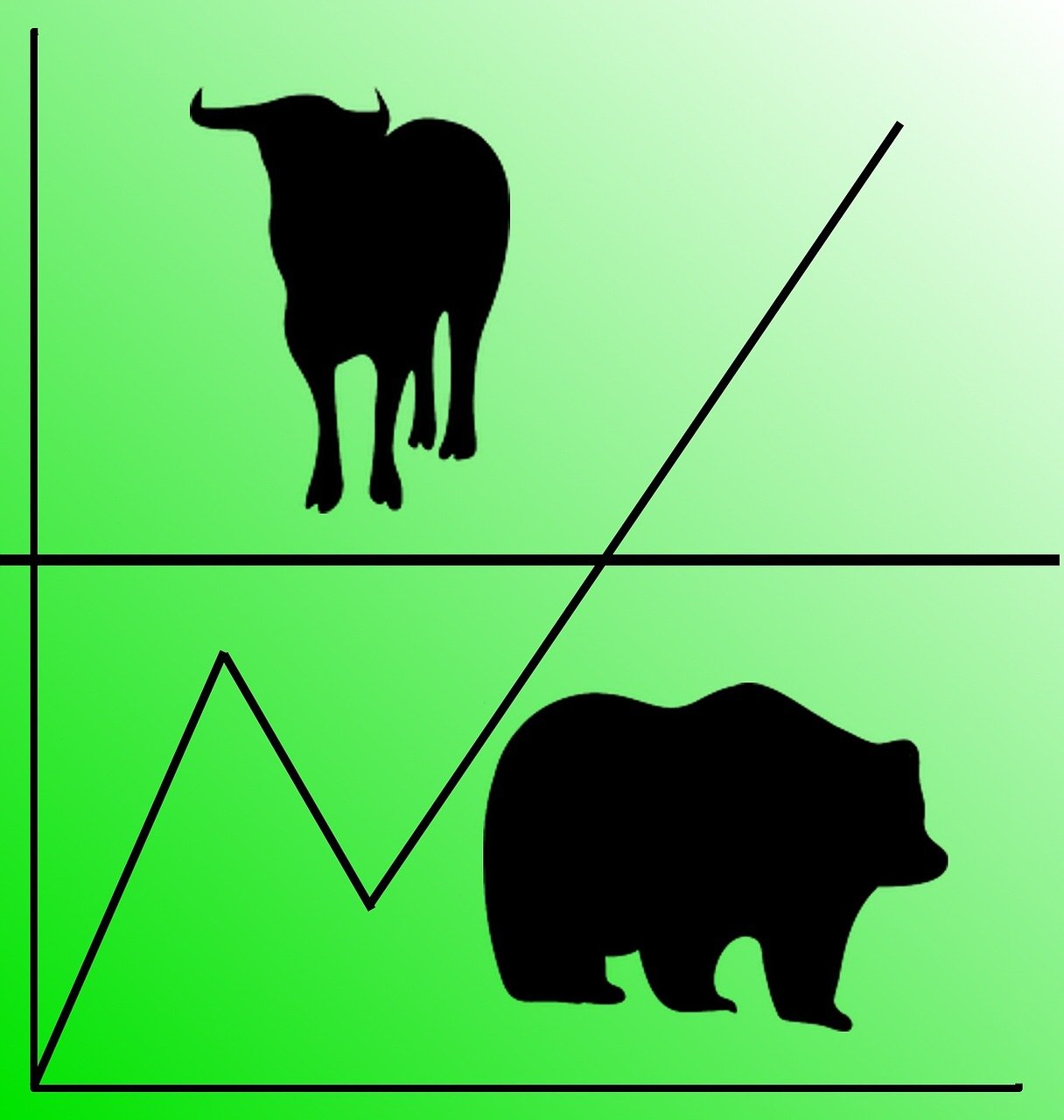 a bull and a bear on a green background, an illustration of, charts, set photo, corrected, portfolio illustration