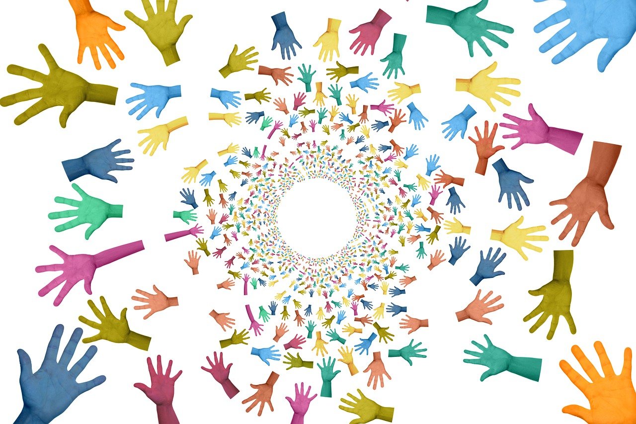 a group of multicolored hands surrounding a circle, conceptual art, background image, the background is white, fan art, turnaround