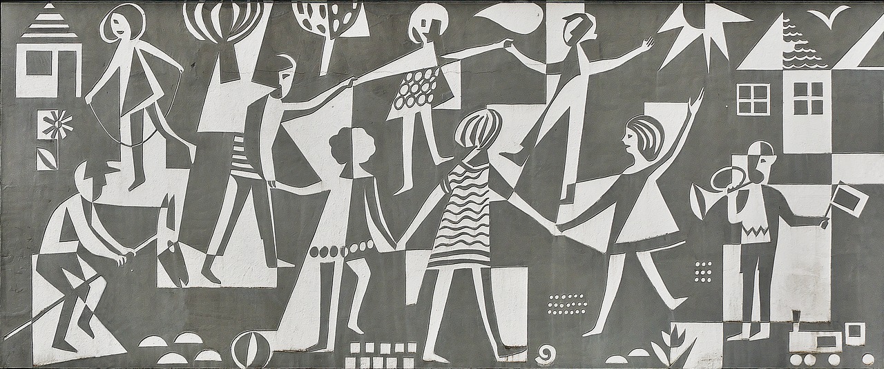 a black and white painting of a group of people, a cubist painting, by Aaron Douglas, trending on pixabay, folk art, bas relief, people walking around, 1 9 6 5, wall painting