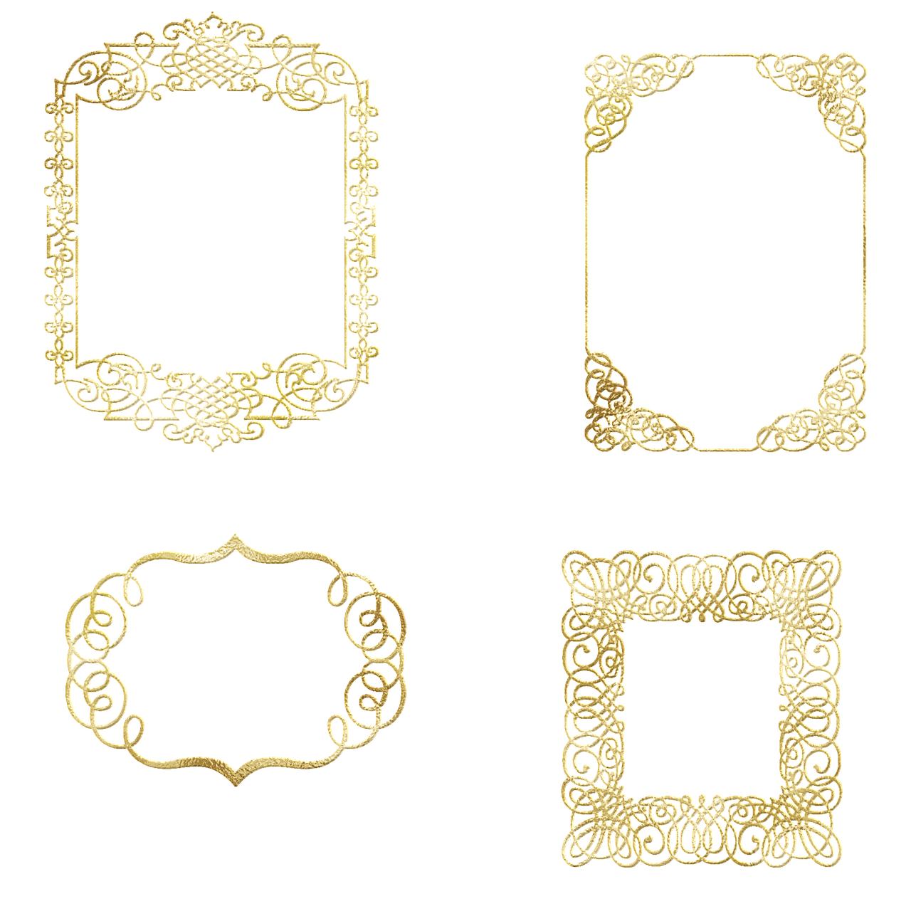 a set of four golden frames on a black background, vector art, art nouveau, laser cut textures, characters 8k symmetrical, shining metal, loli