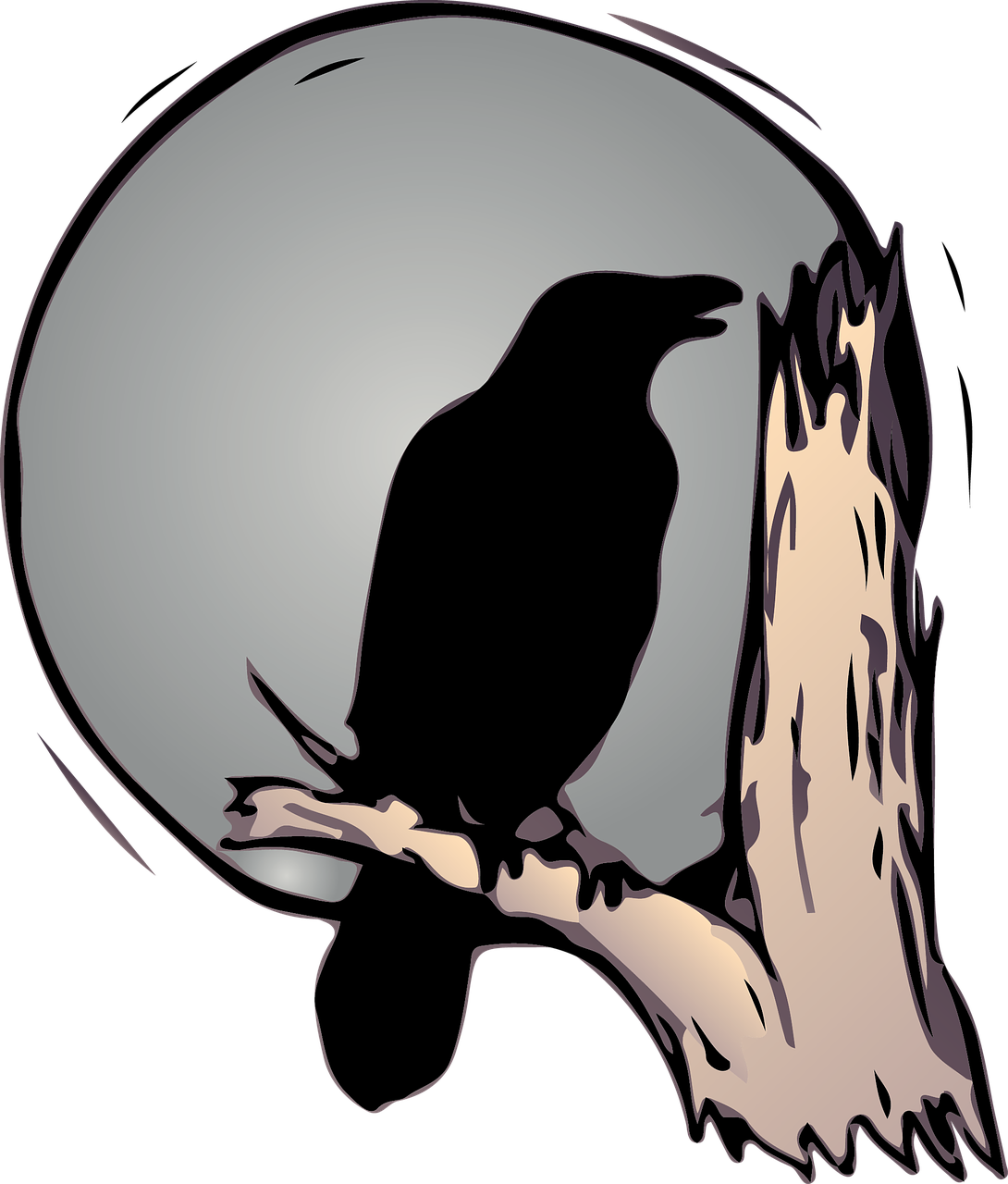 a black bird sitting on top of a tree branch, an illustration of, inspired by Gonzalo Endara Crow, full moon background, high contrast illustration, cartoon style illustration, phone wallpaper