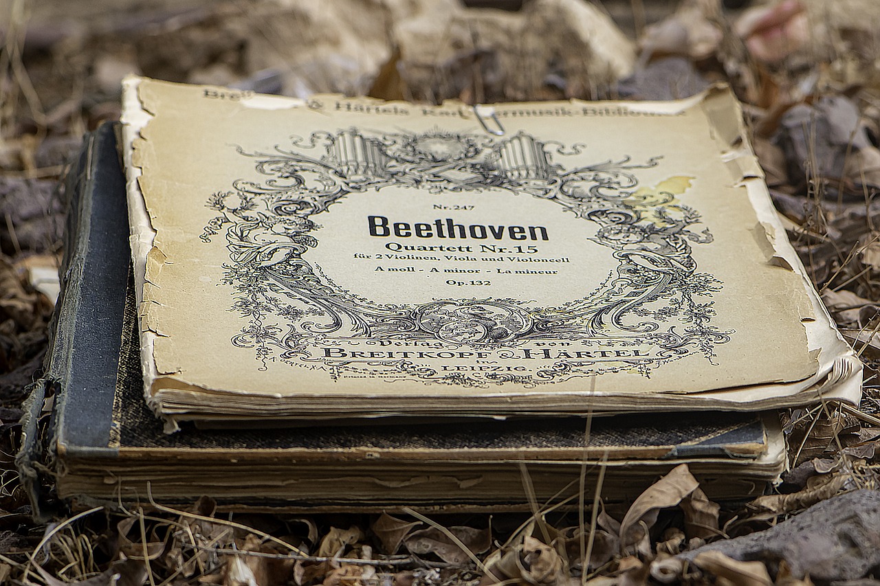 a book sitting on top of a pile of dirt, an album cover, by Matthijs Naiveu, pixabay, baroque, beethoven, bees, abandoned photograph, sheet music