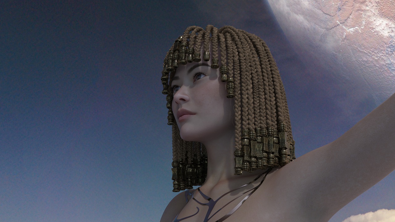 a woman that is standing in the sky, a 3D render, afrofuturism, portrait of cleopatra, extremely detailed giantess shot, braided hair. nightime, the goddess artemis smirking