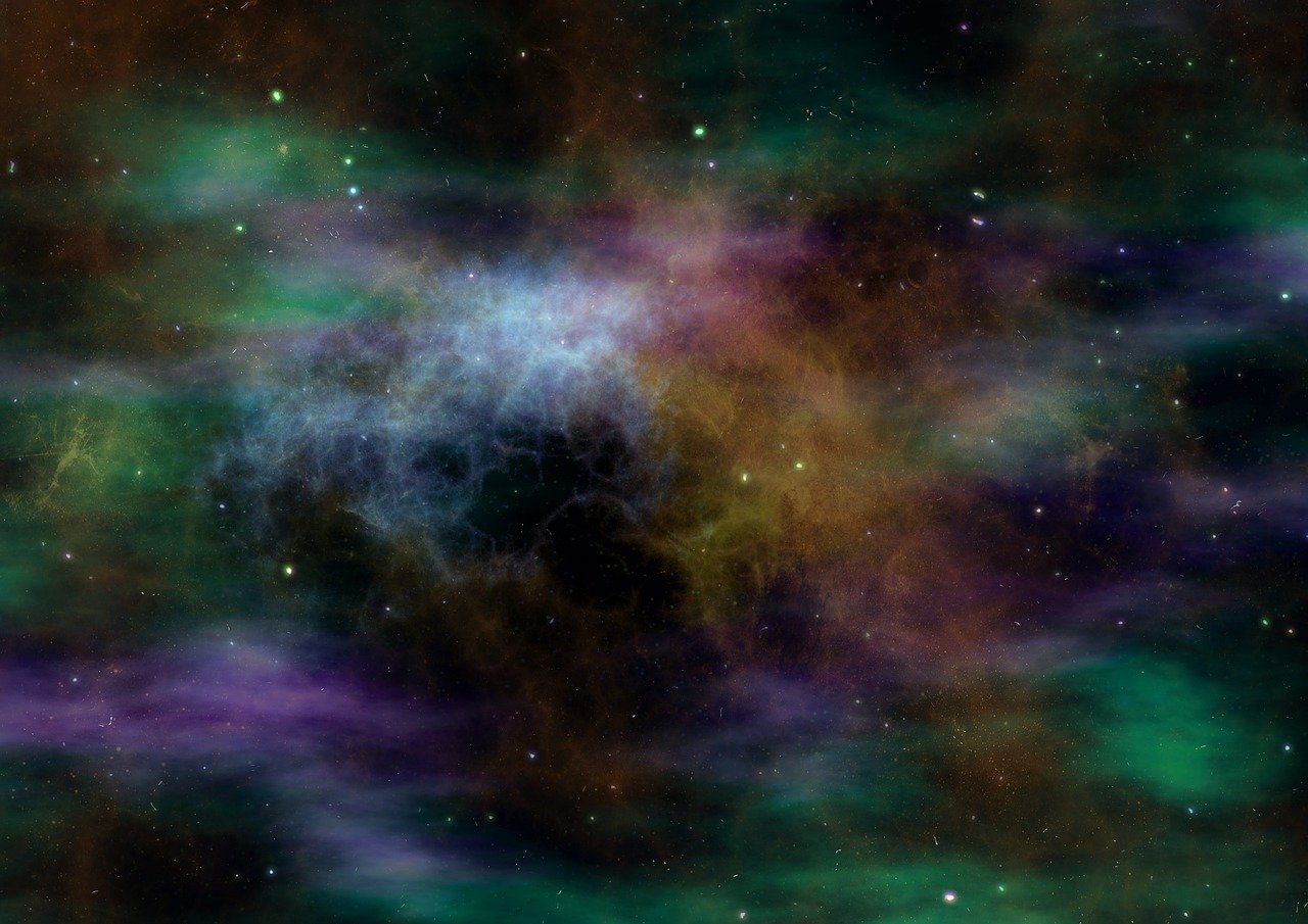 a space filled with lots of green and purple stars, a screenshot, flickr, space art, wispy smoke and volumetric fog, dark rainbow nimbus, detailed backgrounds, galactic yellow violet colors
