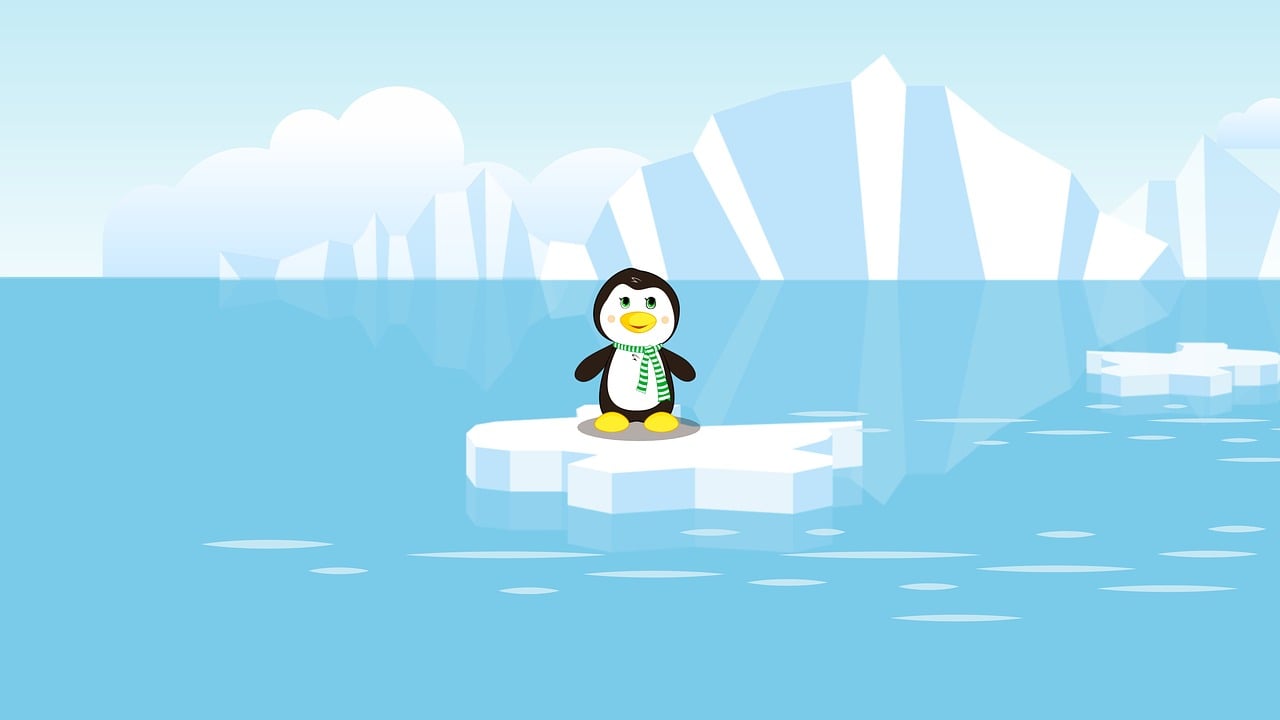 a penguin is standing on an ice floer, an illustration of, naive art, marketing game illustration, sitting down, lake background, simple and clean illustration