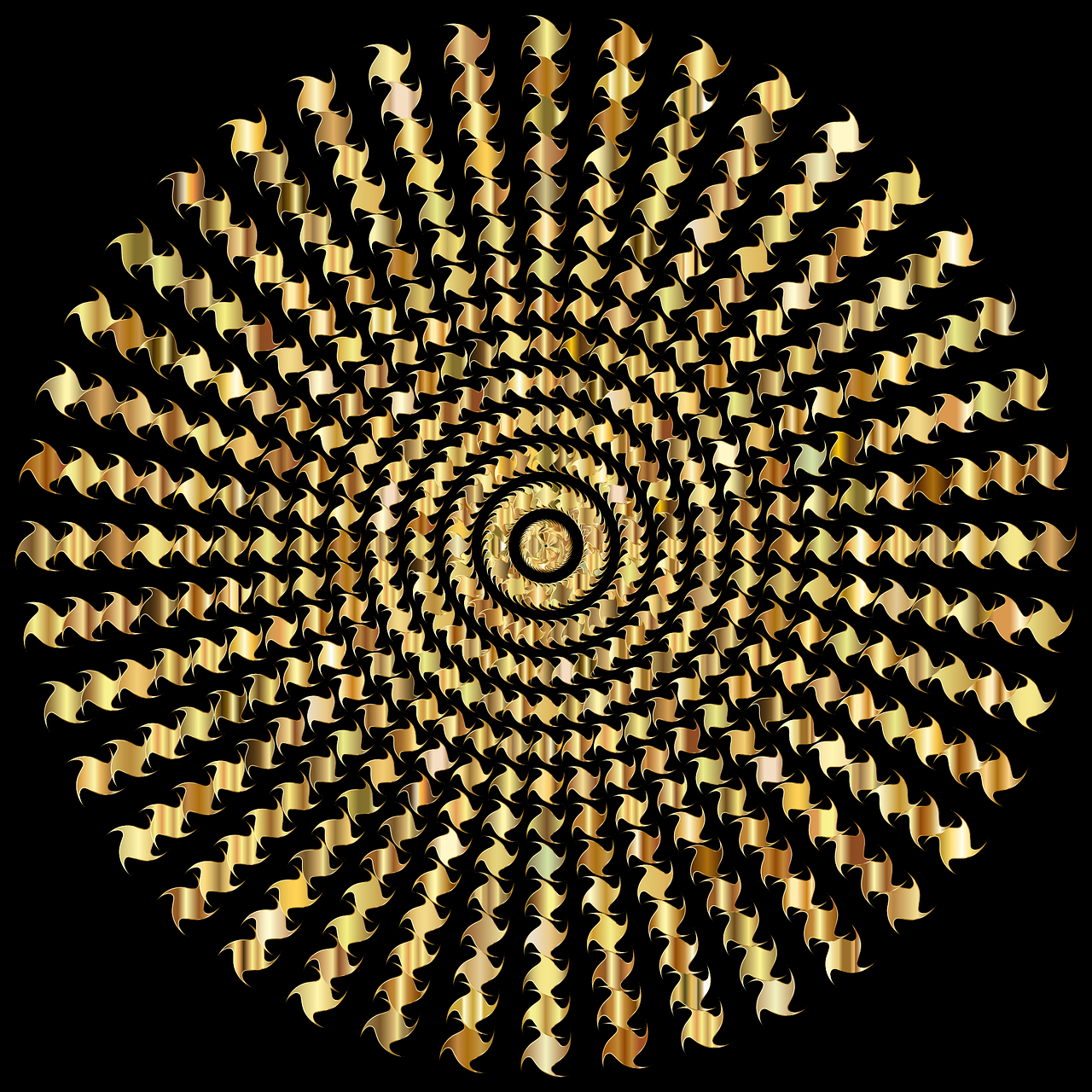 a circular gold pattern on a black background, digital art, pixabay contest winner, op art, fractal arrows, checkered pattern, alternate album cover, on a reflective gold plate
