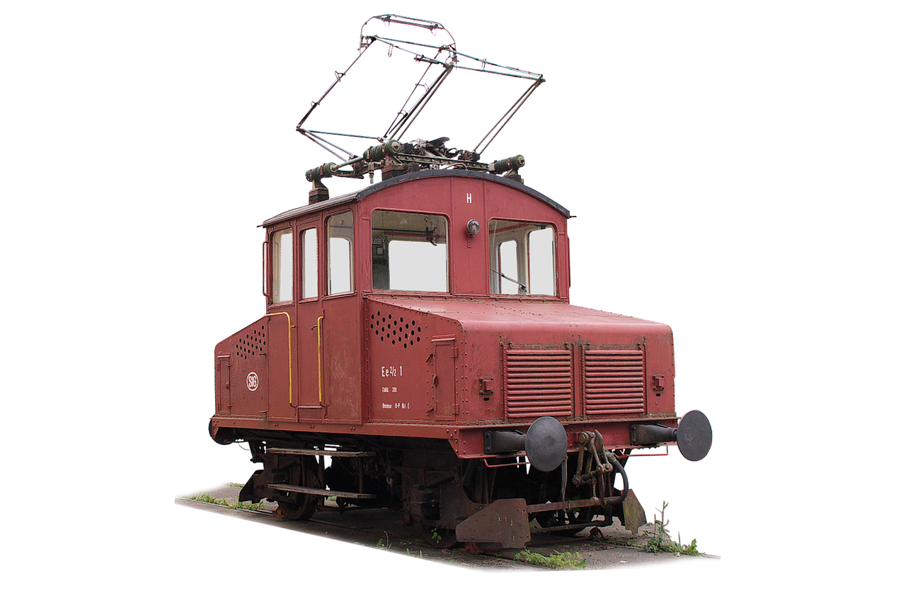 a red train sitting on top of a train track, by Karl Stauffer-Bern, symmetrical front view, wikipedia, (rust), hammer