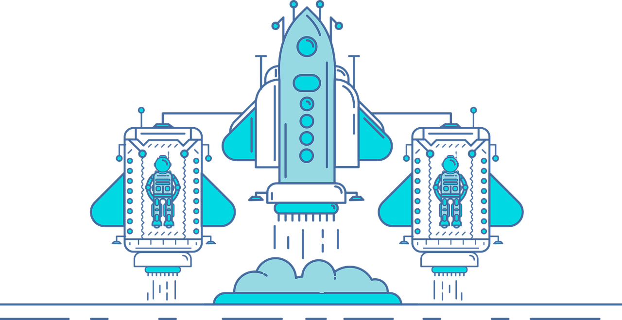 a blue and white illustration of a space shuttle, unsplash, giant crypto vault, black and cyan color scheme, rockets, game icon stylized