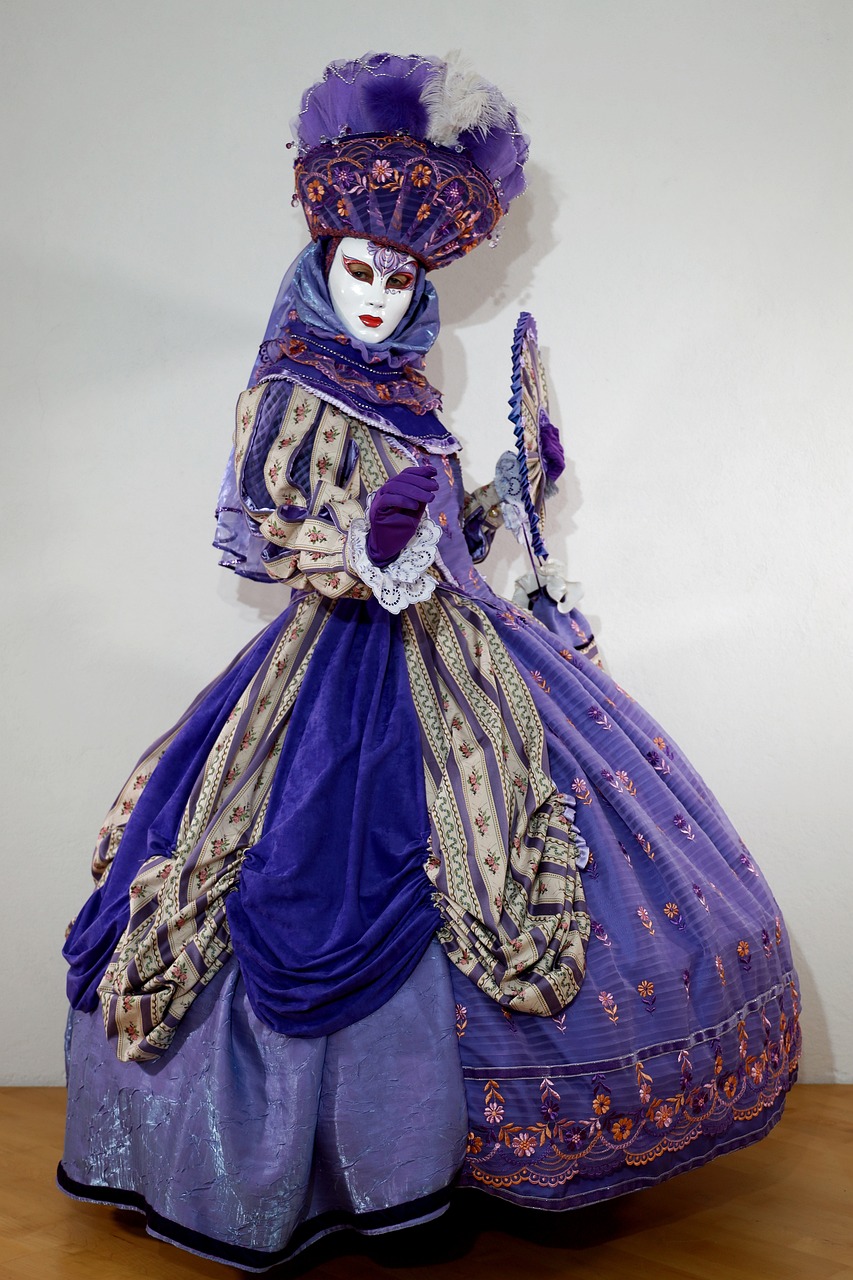 a close up of a person wearing a costume, a statue, inspired by Fra Bartolomeo, cg society contest winner, rococo, violet color, full body robot with human mask, dressed in long fluent skirt, venetian mask