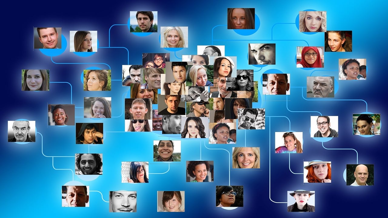 a large group of people on a blue background, a photo, flickr, digital art, european face, connectivity, pc screen image, information
