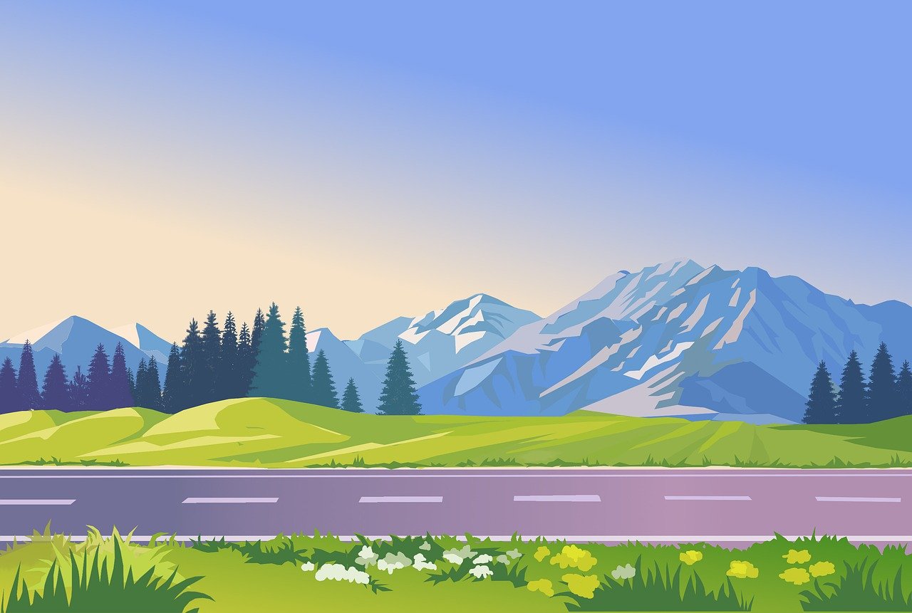 a mountain landscape with a road in the foreground, an illustration of, shutterstock, springtime morning, mobile wallpaper, the alps are in the background, whole page illustration