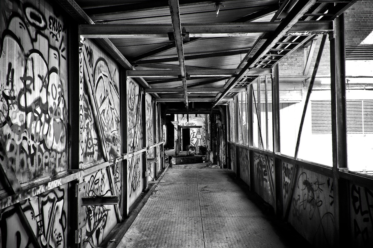 a black and white photo of a walkway covered in graffiti, graffiti art, in an abandoned theme park, interior of staten island ferry, in chippendale sydney, covered with liquid tar. dslr