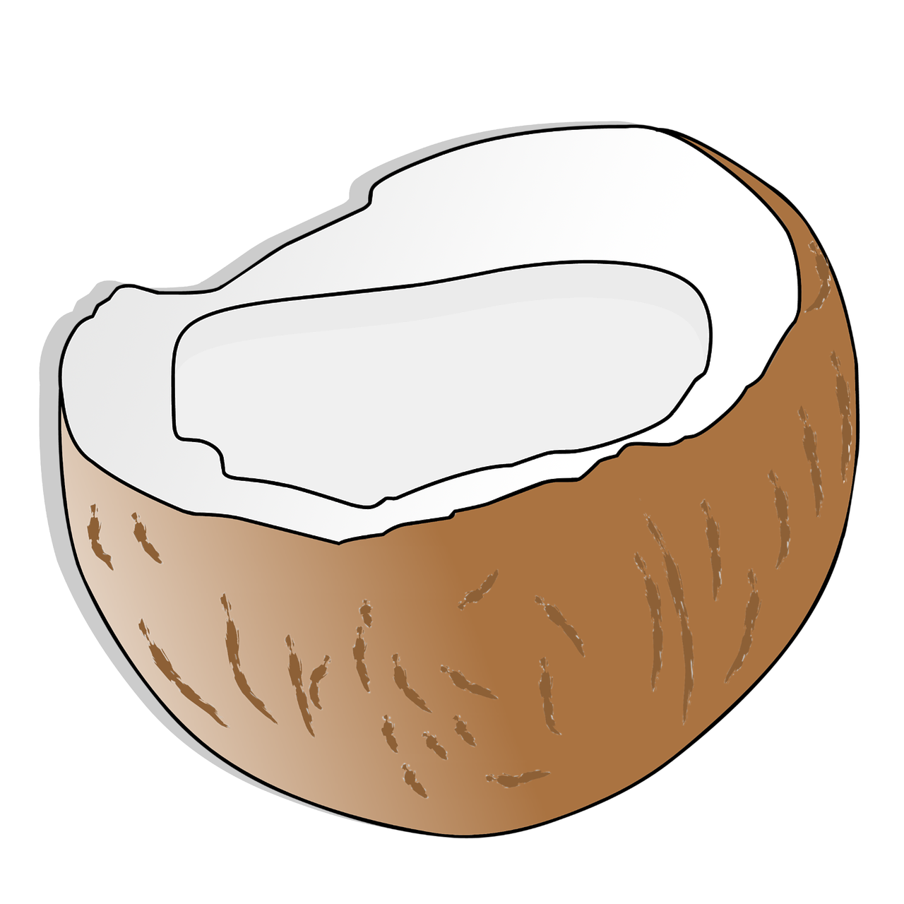 a half eaten coconut on a black background, an illustration of, pixabay, sōsaku hanga, potato skin, sticker illustration, full color illustration, illustration black outlining