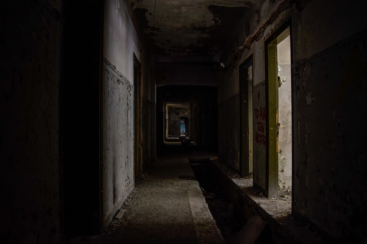 a dark hallway with a bench in the middle of it, by Stefan Gierowski, rundown buildings, the photo shows a large, pupil