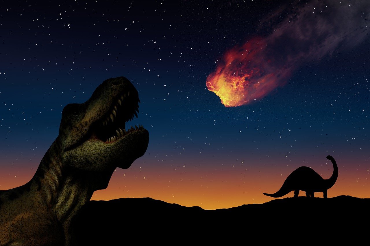 a couple of dinosaurs standing on top of a hill, an illustration of, romanticism, supernova explosion, set photo, illustration, comet