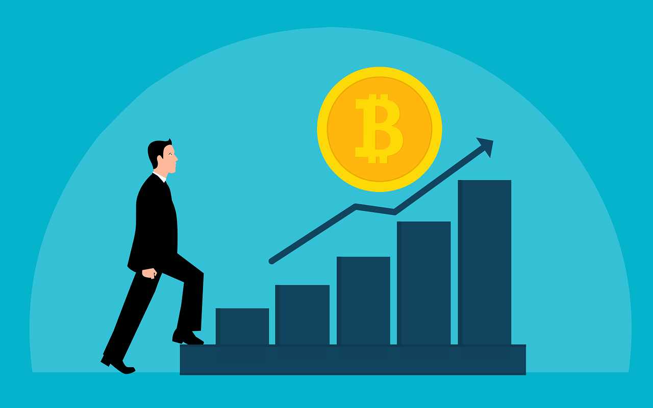 a man walking up a stair with a bit coin on top of it, an illustration of, conceptual art, with a blue background, bitcoin, three day growth, big crowd