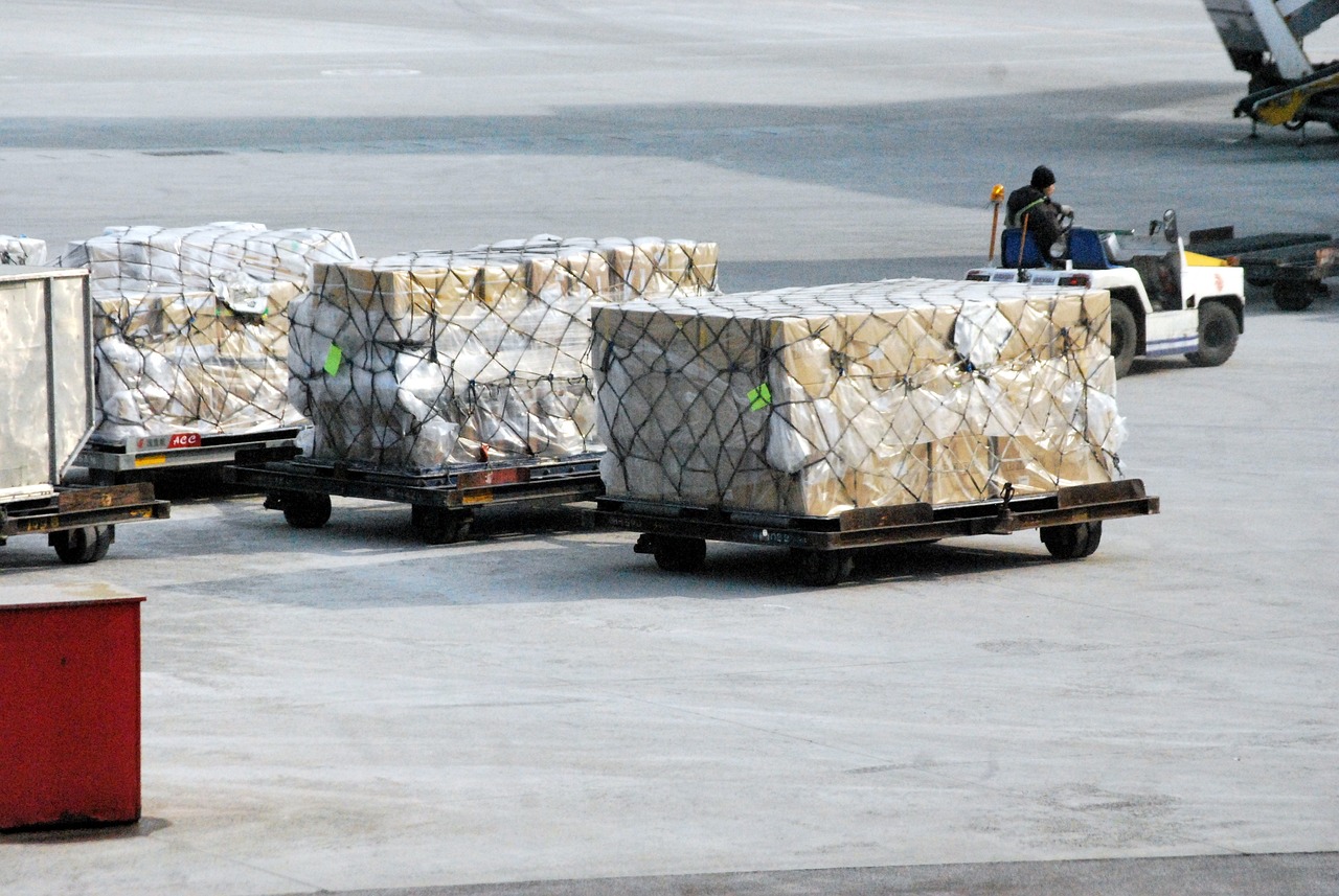 a group of pallets sitting on top of an airport tarmac, shutterstock, packaging, fully covered, closeup photo, cart