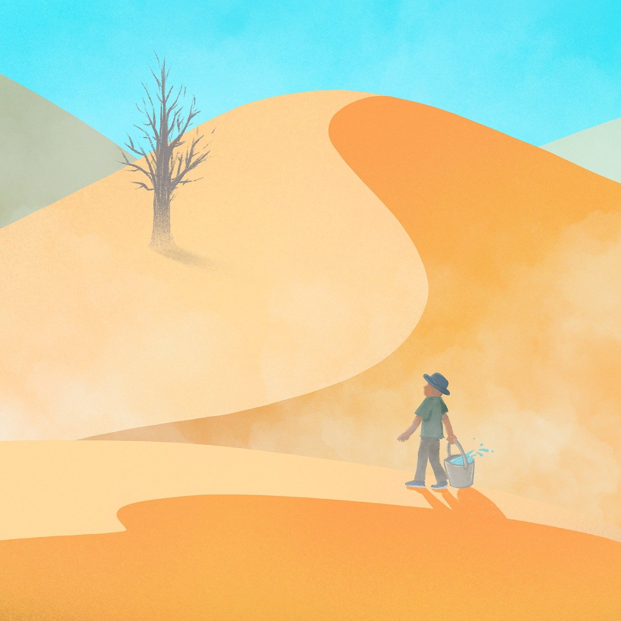 a man walking in the desert with a skateboard, concept art, inspired by Carl Spitzweg, lineless, from the sandman netflix show, the background is misty, farmer