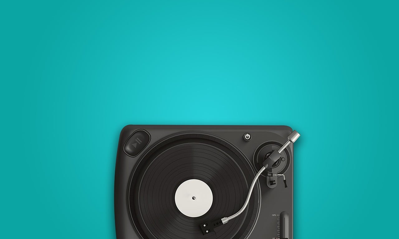 a record player sitting on top of a turntable, an album cover, trending on pixabay, pop art, teal studio backdrop, istockphoto, material design, high angle close up shot