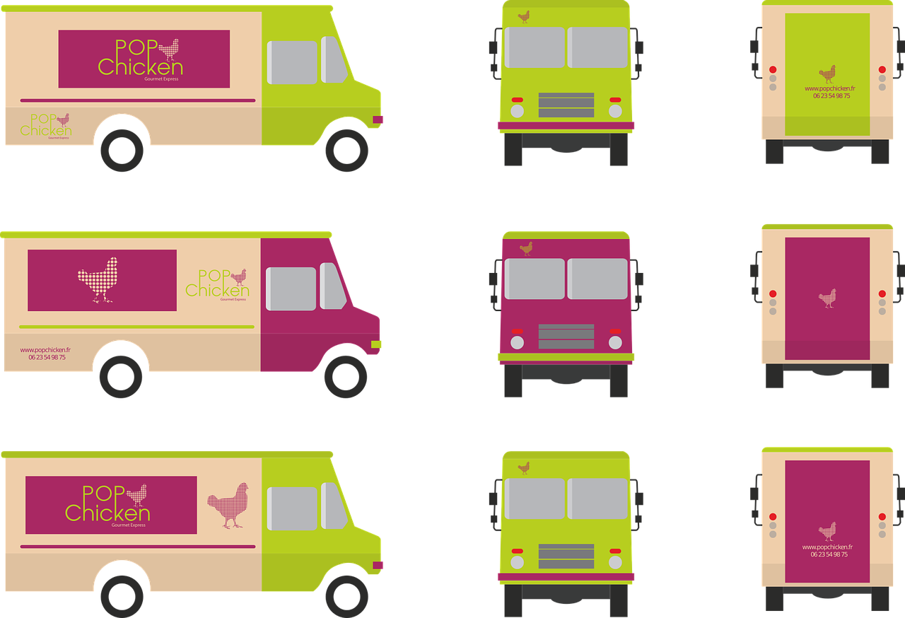 a variety of food trucks on a black background, a digital rendering, by Carey Morris, brown and magenta color scheme, chartreuse color scheme, chicken, corporate animation style